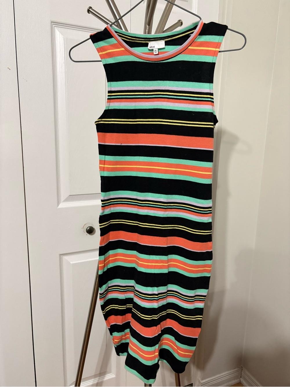Sleeveless Striped Midi Dress in Black, Coral & Mint